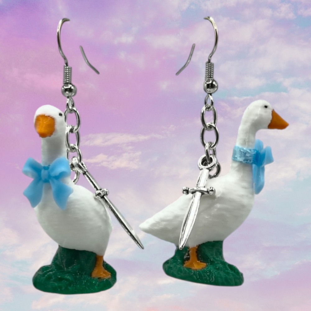 Goose Earrings with Blue Bow and Silver Sword